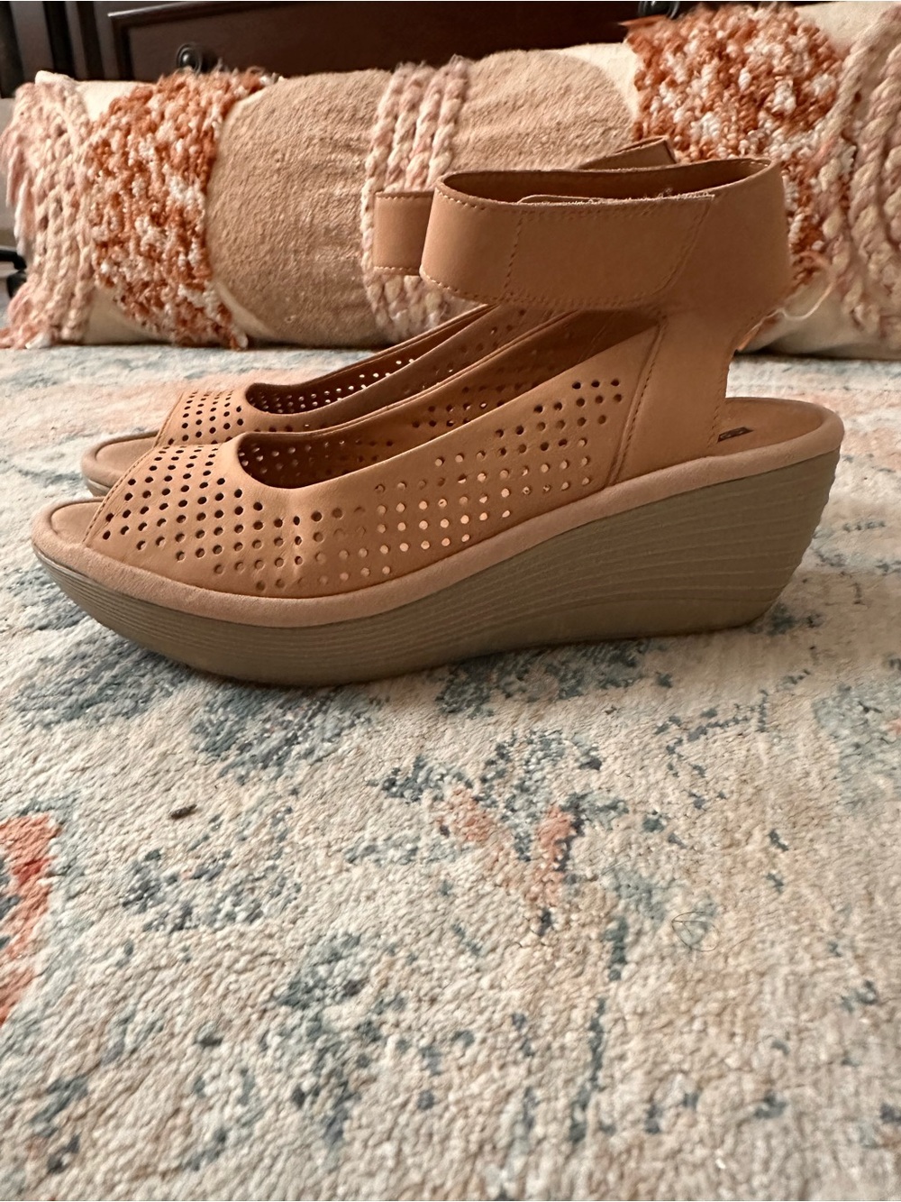 Clarks Women's Perforated Ankle-Strap Wedge Sandals in Tan - Picture 2 of 12